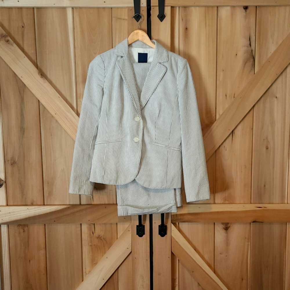 J Crew Seersucker Gray Blue Stripe Suit Pants 8 10 Wide Leg